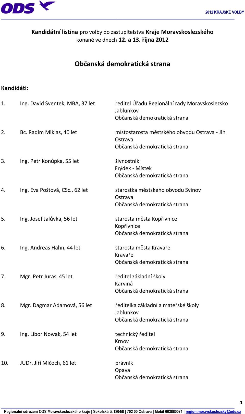 Ing. Eva Poštová, CSc., 62 let starostka městského obvodu Svinov 5. Ing. Josef Jalůvka, 56 let starosta města Kopřivnice Kopřivnice 6. Ing. Andreas Hahn, 44 let starosta města Kravaře Kravaře 7. Mgr.