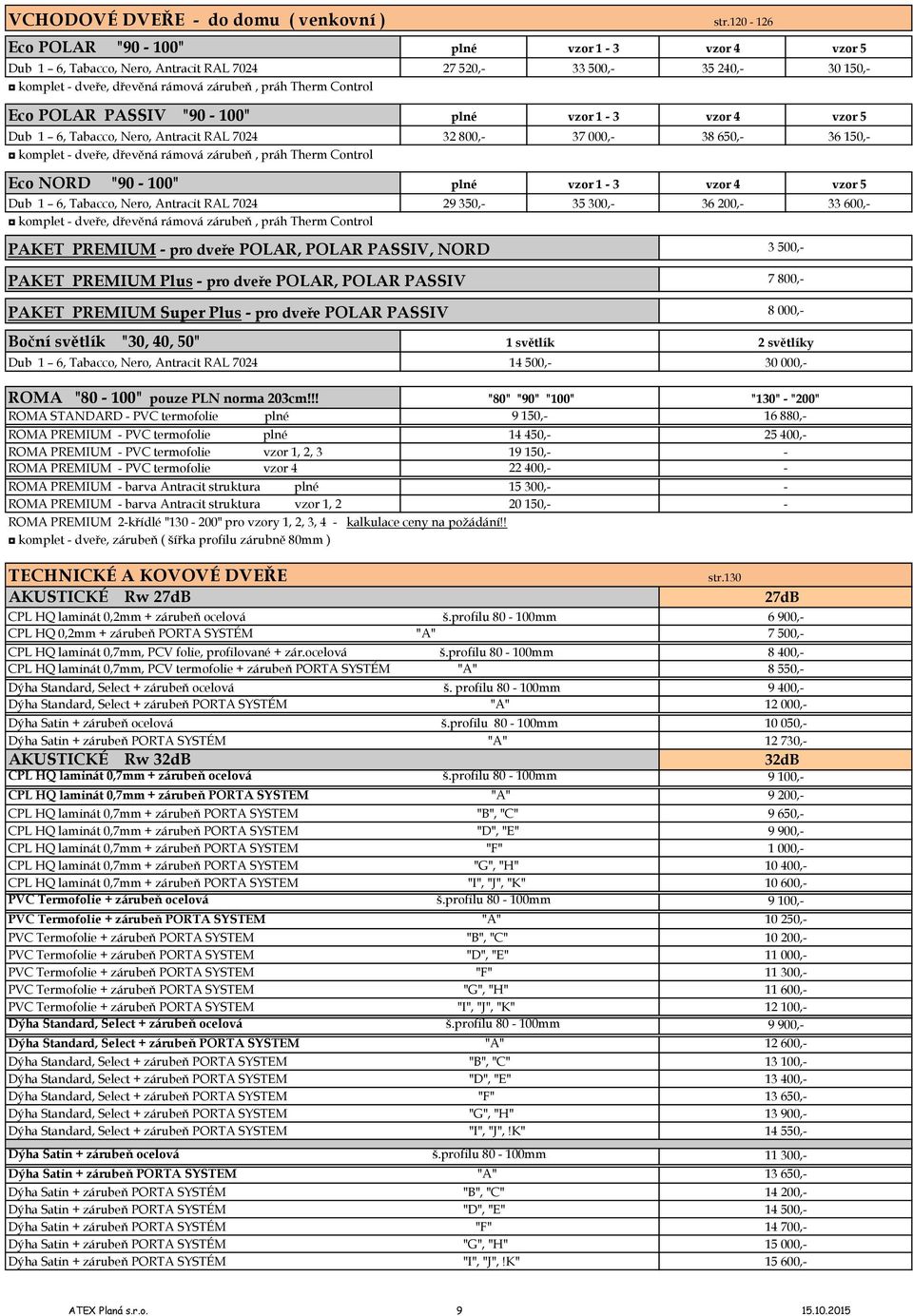 5 Dub 1 6, Tabacco, Nero, Antracit RAL 7024 32 800, 37 000, 38 650, 36 150, komplet dveře, dřevěná rámová zárubeň, práh Therm Control Eco NORD "90 100" 1 3 4 5 Dub 1 6, Tabacco, Nero, Antracit RAL