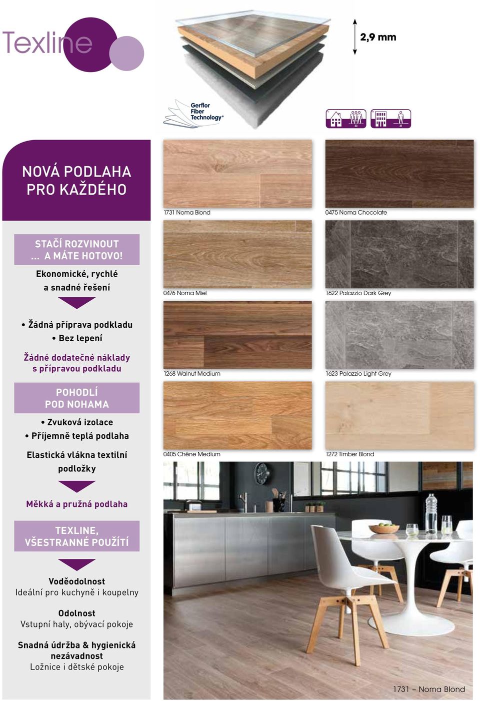 Walnut Medium 1623 Palazzio Light Grey POHODLÍ POD NOHAMA Zvuková izolace Příjemně teplá podlaha Elastická vlákna textilní podložky 0405 Chêne Medium 1272 Timber