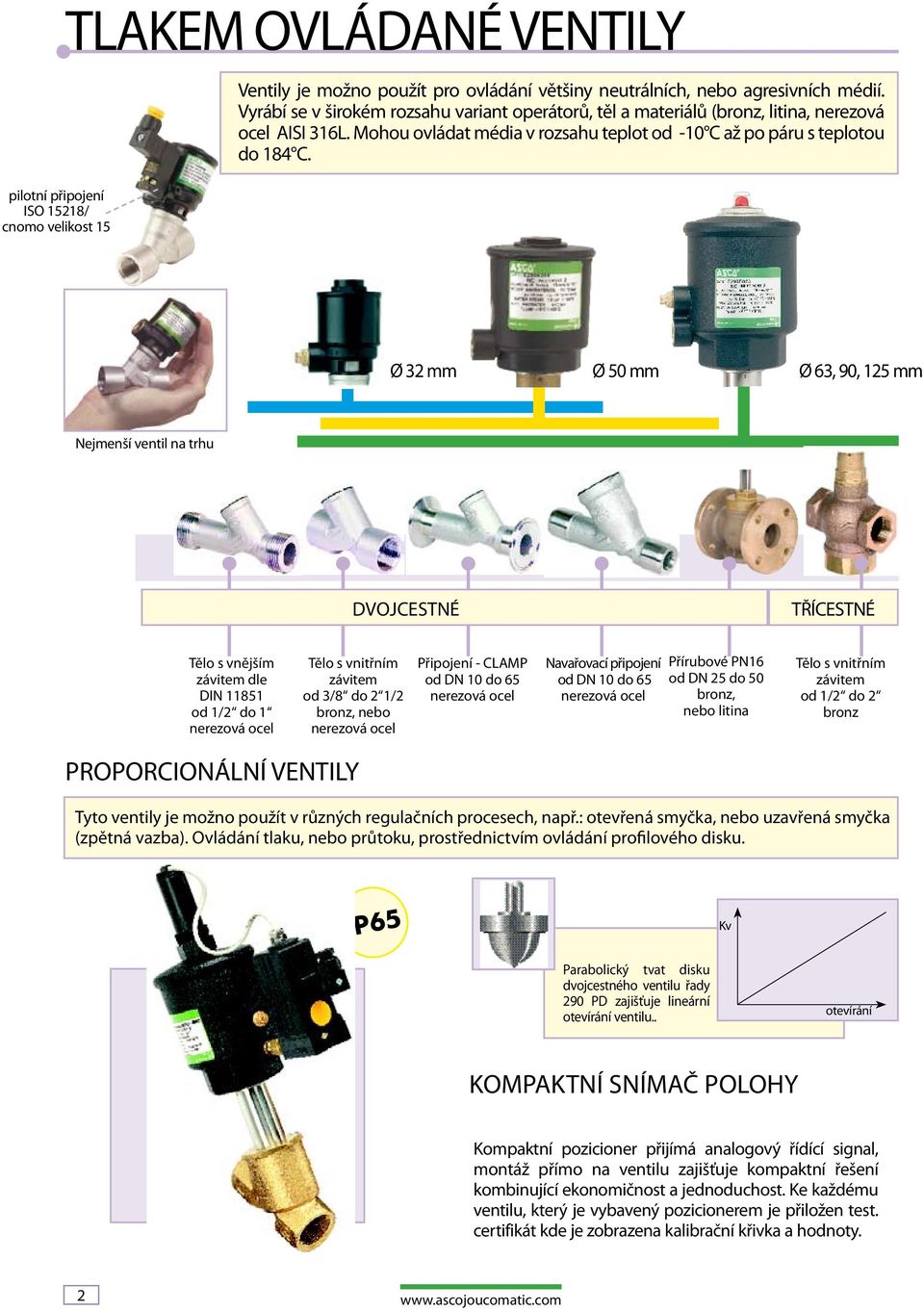 Ø 32 mm Ø 50 mm Ø 63, 90, 125 mm Nejmenší ventil na trhu DVOJCESTNÉ TŘÍCESTNÉ Tělo s vnějším závitem dle DIN 11851 od 1/2 do 1 nerezová ocel Tělo s vnitřním závitem od 3/8 do 2 1/2 bronz, nebo