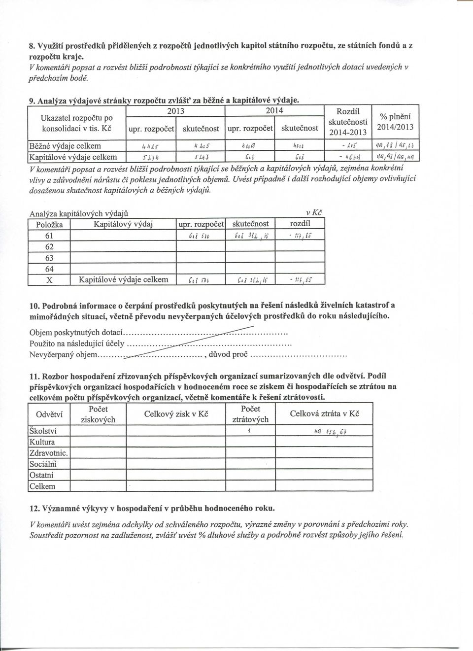 Analyza vydajove stranky rozpoctu zvlasf za bezne a kapitalove vydaje. 2013 2014 Rozdil Ukazatel rozpoctu po skutecnosti konsolidaci v tis. Kc upr. rozpocet skutecnost upr.