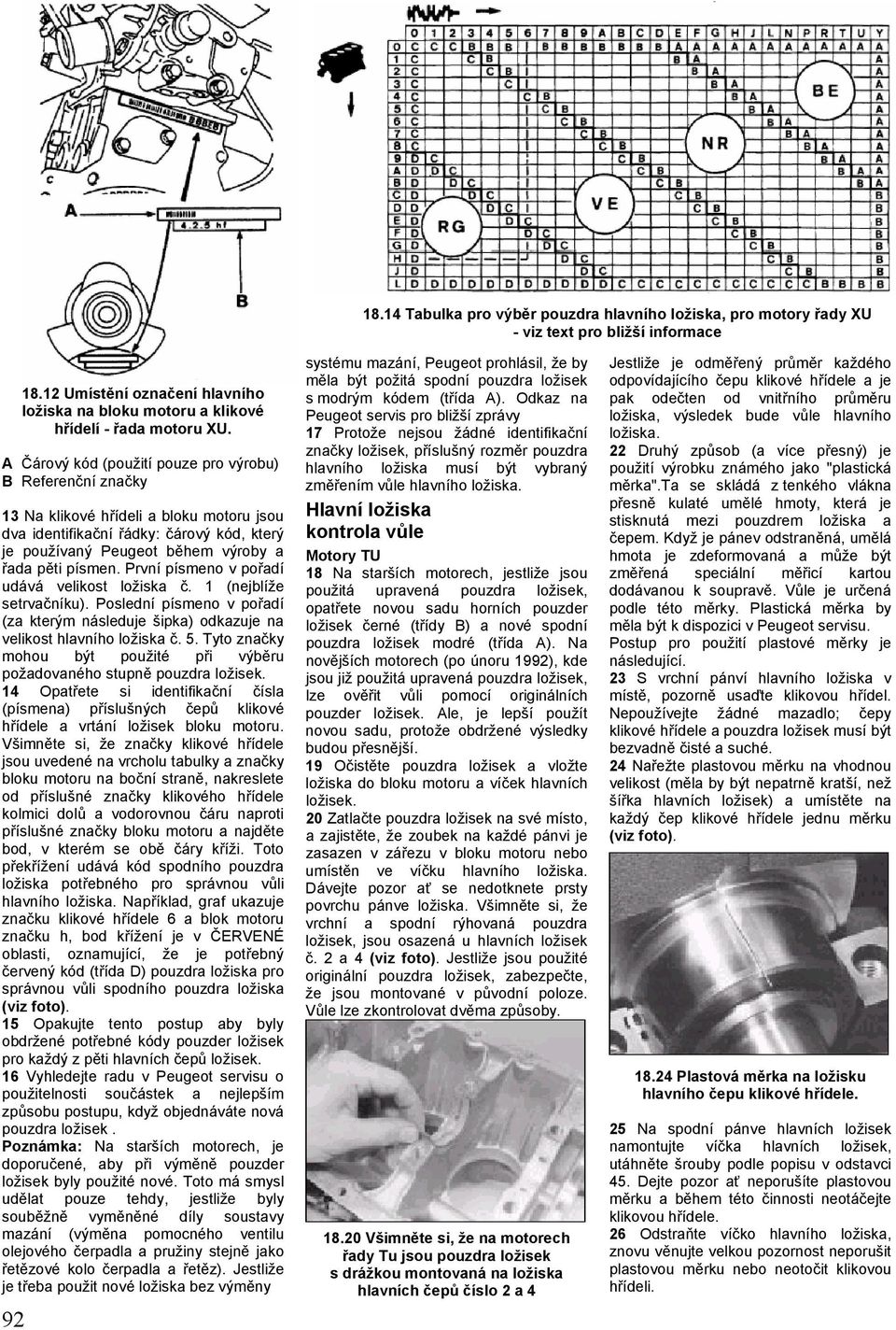 14 Tabulka pro výběr pouzdra hlavního ložiska, pro motory řady XU - viz text pro bližší informace 92 18.12 Umístění označení hlavního ložiska na bloku motoru a klikové hřídelí - řada motoru XU.