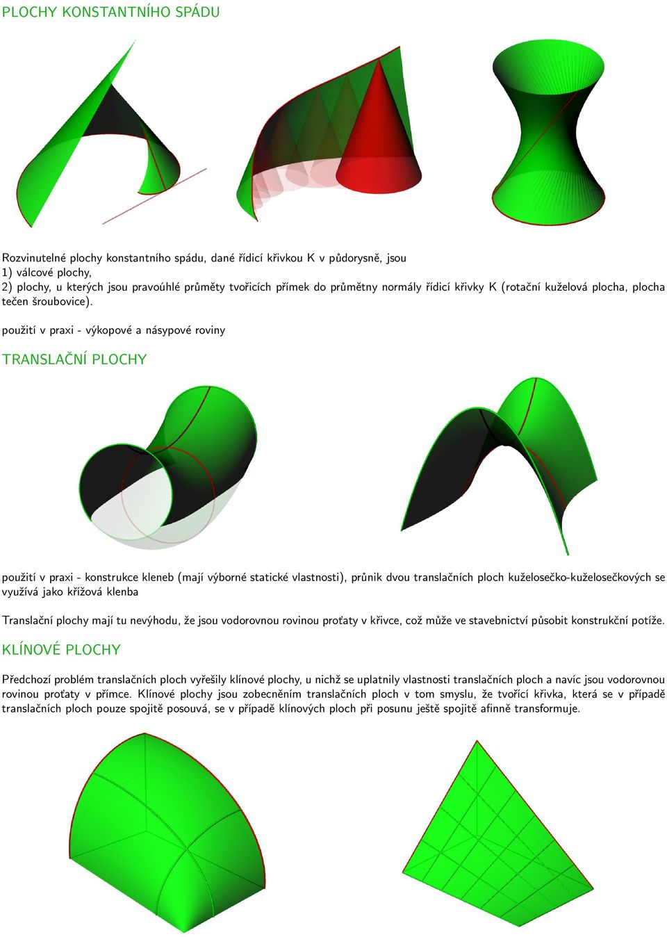 použití v praxi - výkopové a násypové roviny TRANSLAČNÍ PLOCHY použití v praxi - konstrukce kleneb (mají výborné statické vlastnosti), průnik dvou translačních ploch kuželosečko-kuželosečkových se