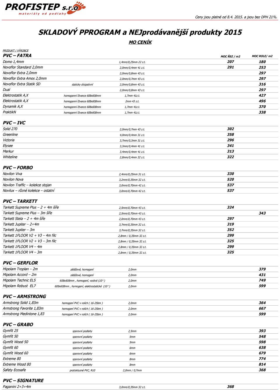 t. 427 Elektrostatik A,X homogenní čtverce 608x608mm 2mm 43 z.t. 496 Dynamik A,X homogenní čtverce 608x608mm 1,7mm 41z.t. 370 PraktikN homogenní čtverce 608x608mm 1,7mm 41z.t. 338 PVC IVC Solid 270 2,0mm/0,7mm 43 z.