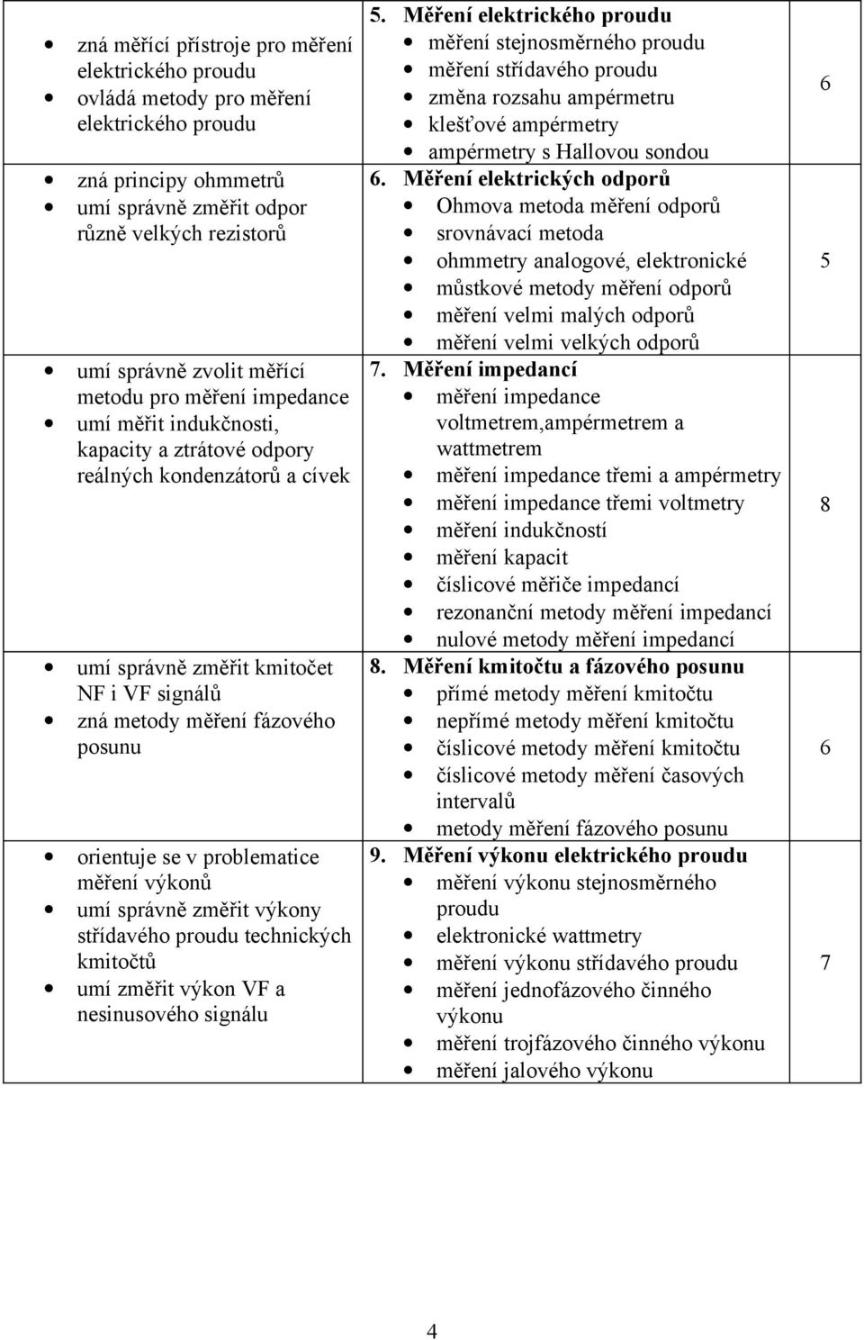 v problematice měření výkonů umí správně změřit výkony střídavého proudu technických kmitočtů umí změřit výkon VF a nesinusového signálu 5.