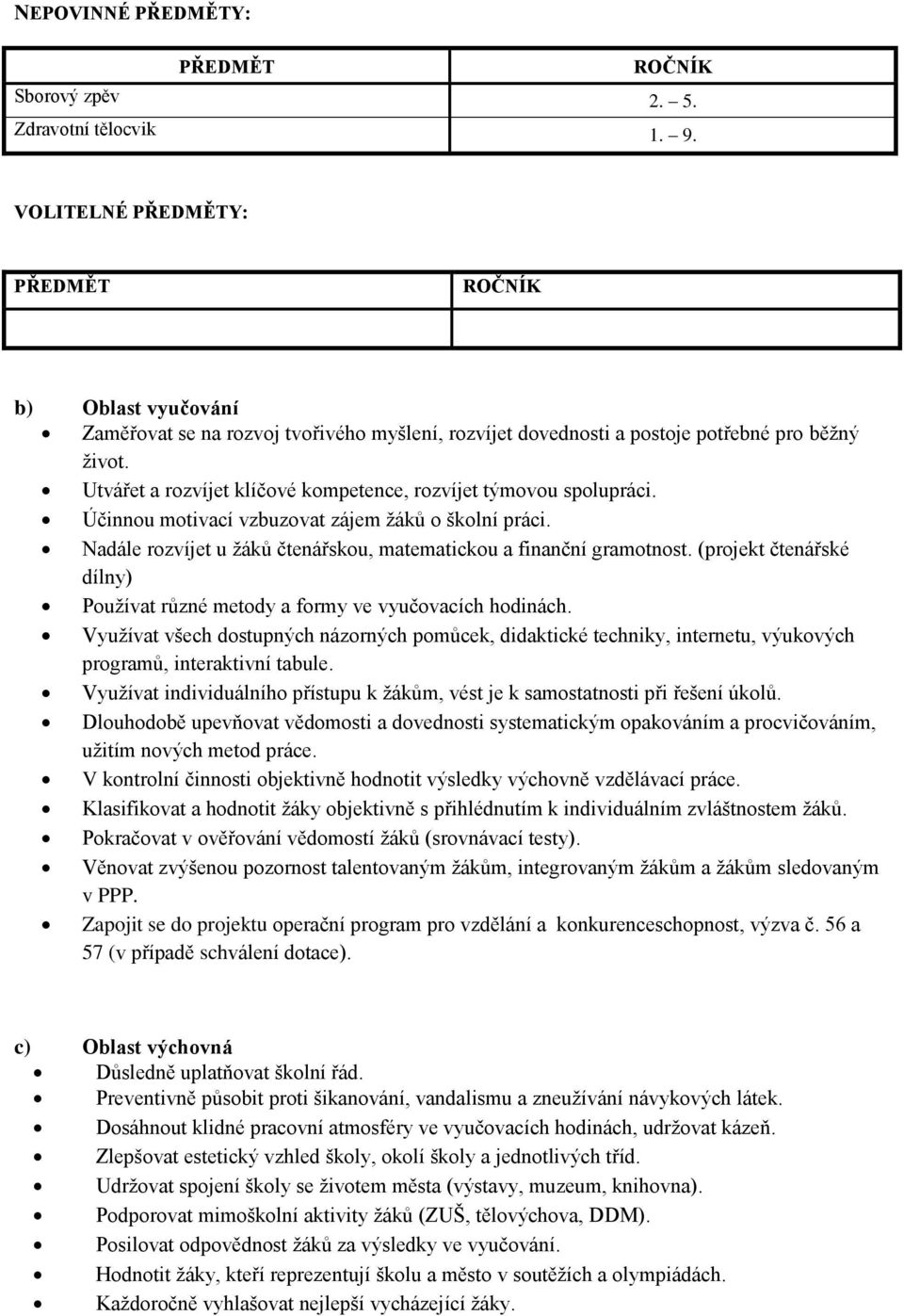 Utvářet a rozvíjet klíčové kompetence, rozvíjet týmovou spolupráci. Účinnou motivací vzbuzovat zájem žáků o školní práci. Nadále rozvíjet u žáků čtenářskou, matematickou a finanční gramotnost.