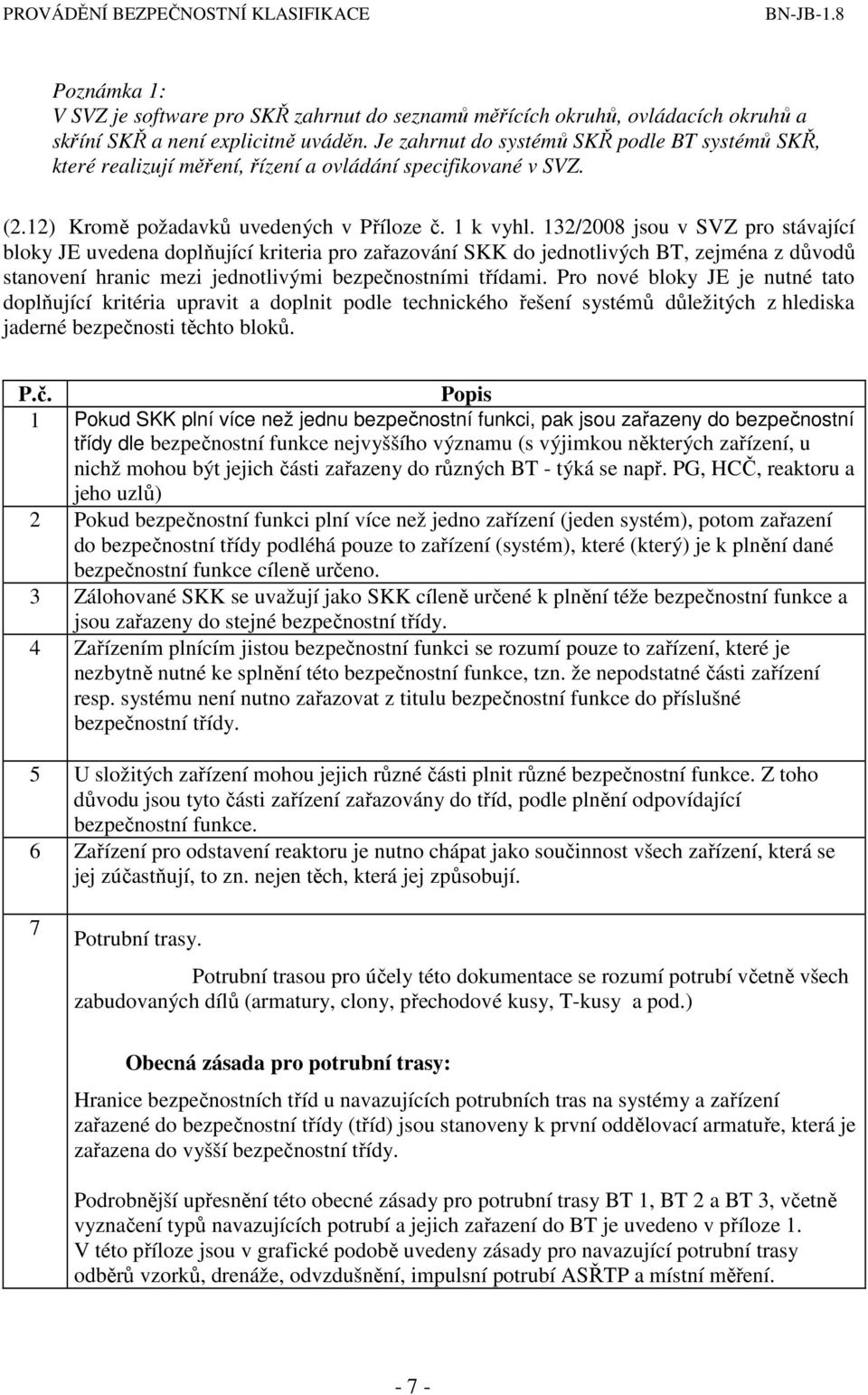 132/2008 jsou v SVZ pro stávající bloky JE uvedena doplňující kriteria pro zařazování SKK do jednotlivých BT, zejména z důvodů stanovení hranic mezi jednotlivými bezpečnostními třídami.