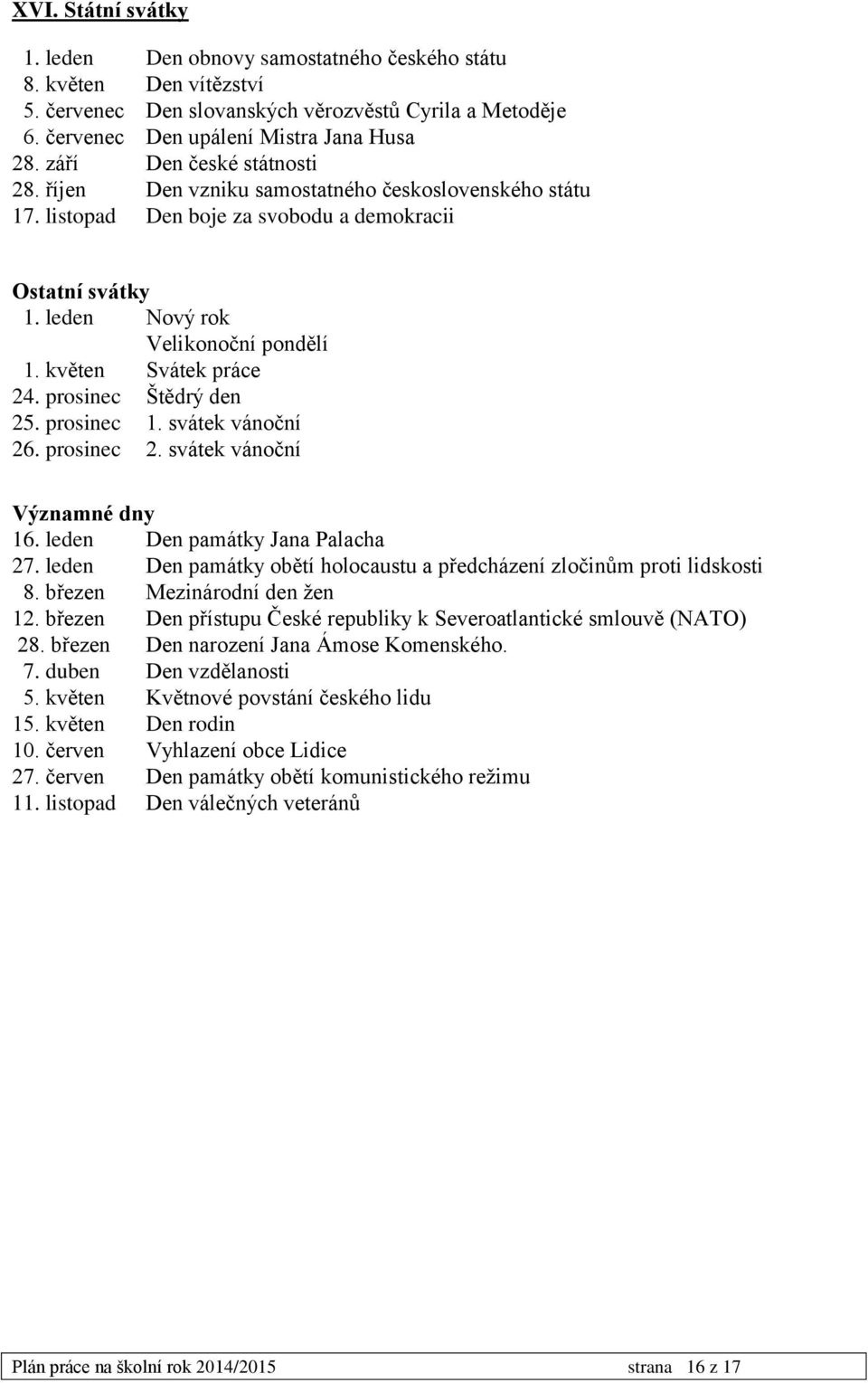 květen Svátek práce 24. prosinec Štědrý den 25. prosinec 1. svátek vánoční 26. prosinec 2. svátek vánoční Významné dny 16. leden Den památky Jana Palacha 27.