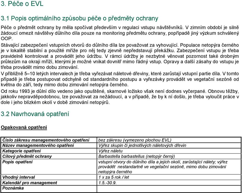 Stávající zabezpečení vstupních otvorů do důlního díla lze považovat za vyhovující. Populace netopýra černého je v lokalitě stabilní a použité mříže pro něj tedy zjevně nepředstavují překážku.