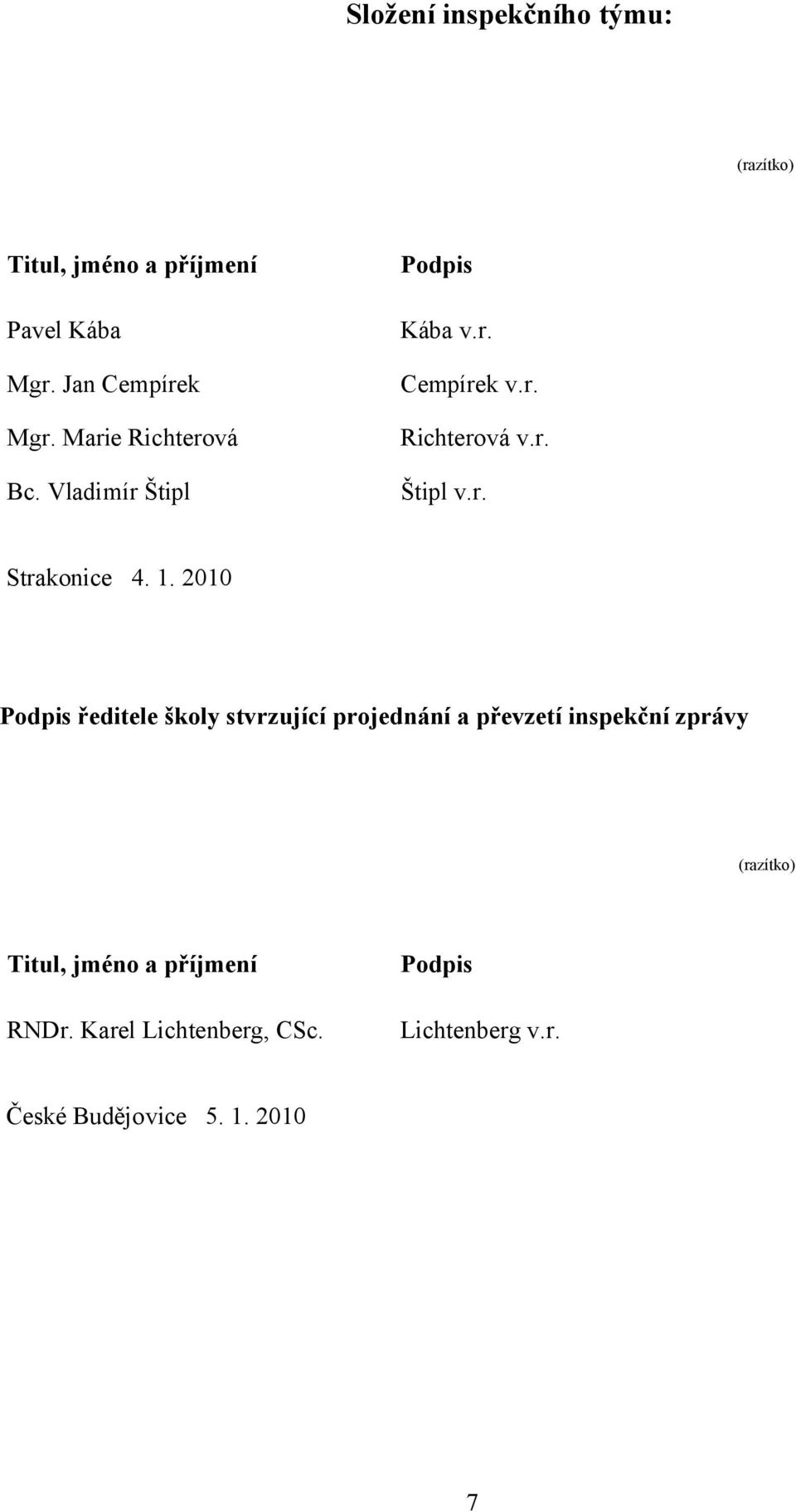 1. 2010 Podpis ředitele školy stvrzující projednání a převzetí inspekční zprávy (razítko) Titul,