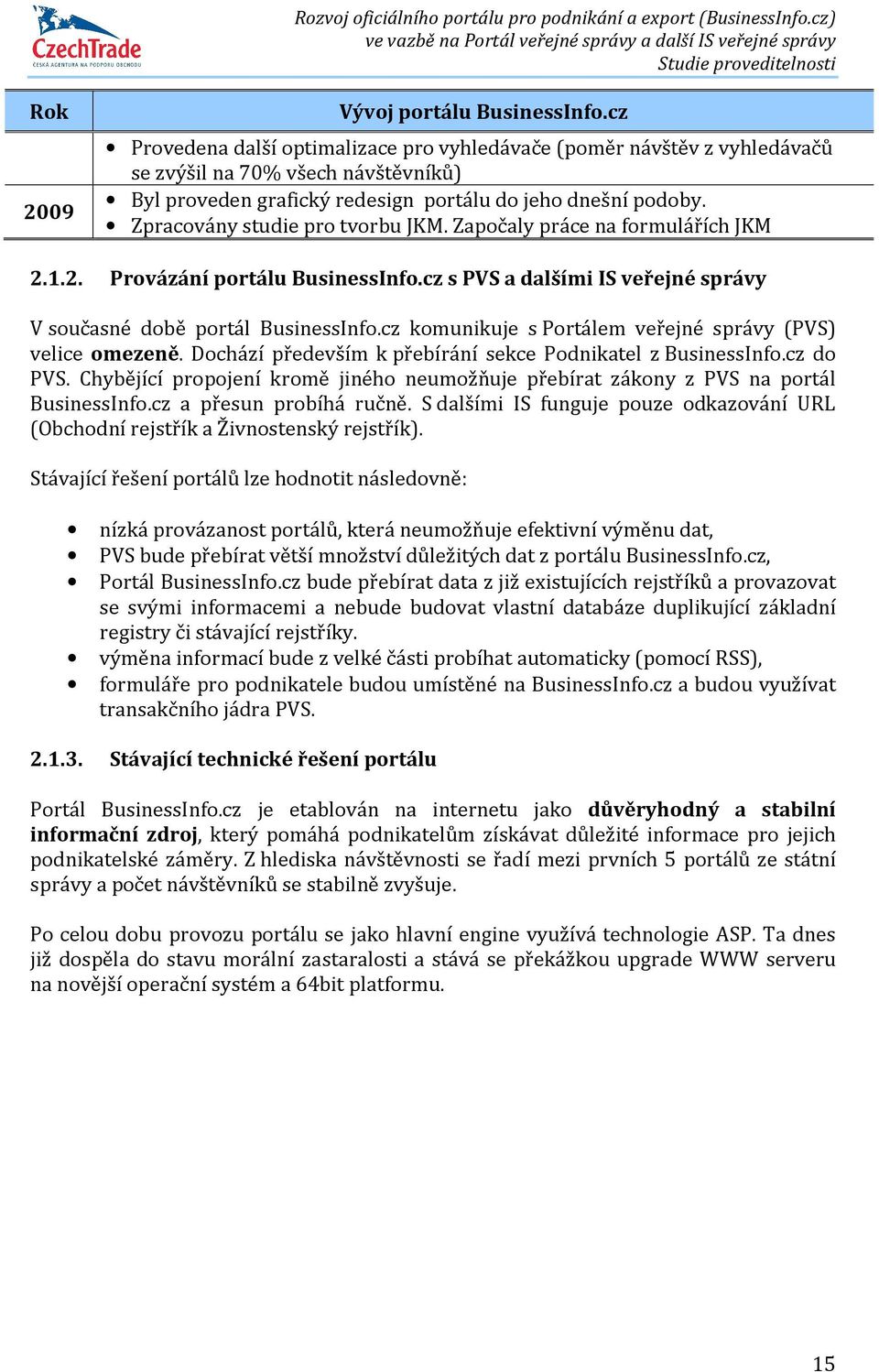 Zpracovány studie pro tvorbu JKM. Započaly práce na formulářích JKM 2.1.2. Provázání portálu BusinessInfo.cz s PVS a dalšími IS veřejné správy V současné době portál BusinessInfo.