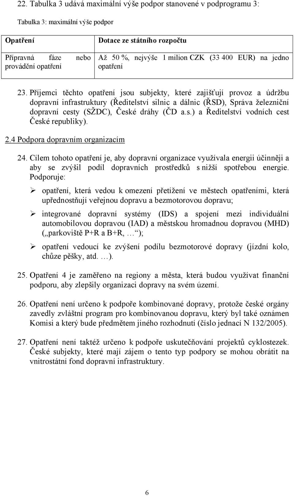 Příjemci těchto opatření jsou subjekty, které zajišťují provoz a údržbu dopravní infrastruktury (Ředitelství silnic a dálnic (ŘSD), Správa železniční dopravní cesty (SŽDC), České dráhy (ČD a.s.) a Ředitelství vodních cest České republiky).