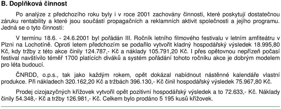 Oproti letem předchozím se podařilo vytvořit kladný hospodářský výsledek 18.995,80 Kč, kdy tržby z této akce činily 124.787,- Kč a náklady 105.791,20 Kč.