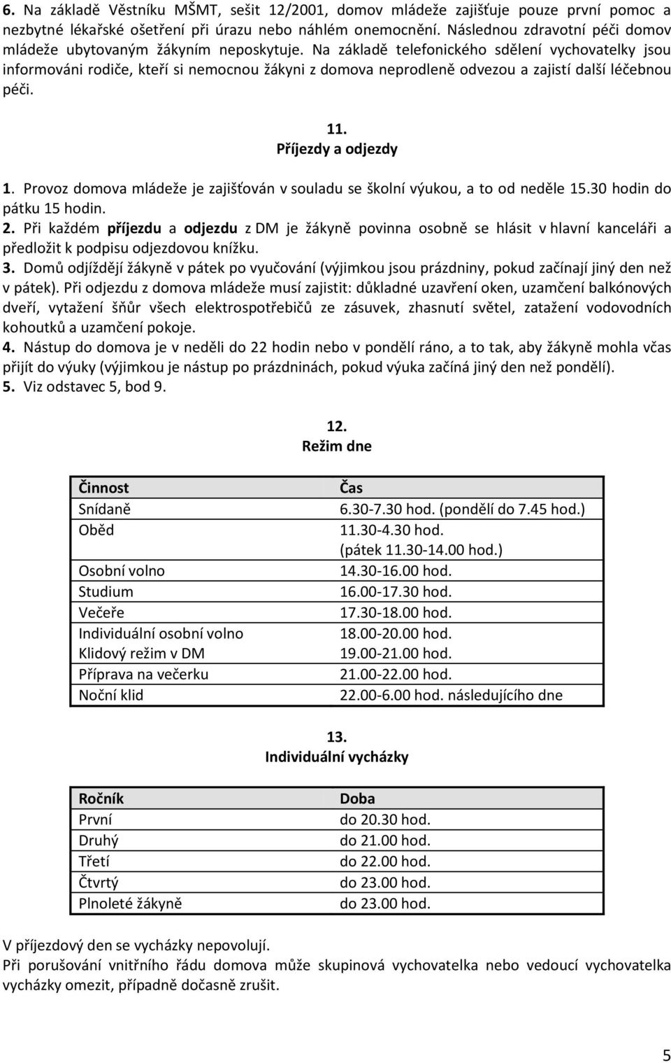 Na základě telefonického sdělení vychovatelky jsou informováni rodiče, kteří si nemocnou žákyni z domova neprodleně odvezou a zajistí další léčebnou péči. 11. Příjezdy a odjezdy 1.