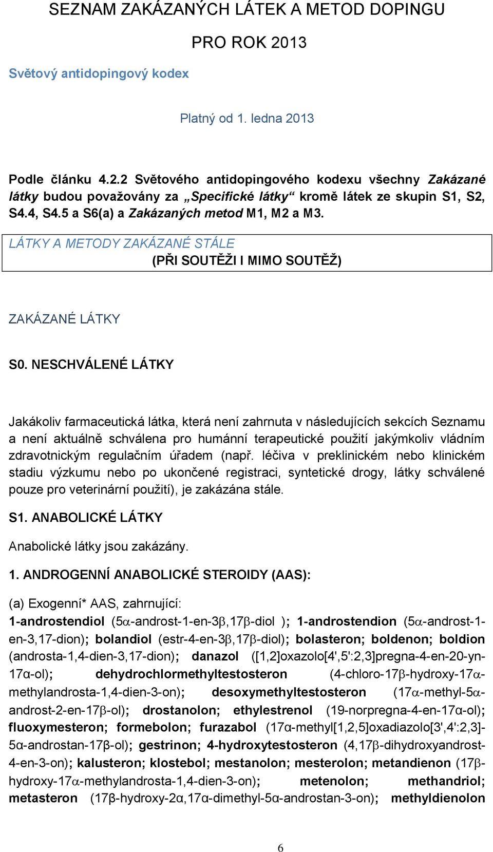 5 a S6(a) a Zakázaných metod M1, M2 a M3. LÁTKY A METODY ZAKÁZANÉ STÁLE (PŘI SOUTĚŽI I MIMO SOUTĚŽ) ZAKÁZANÉ LÁTKY S0.