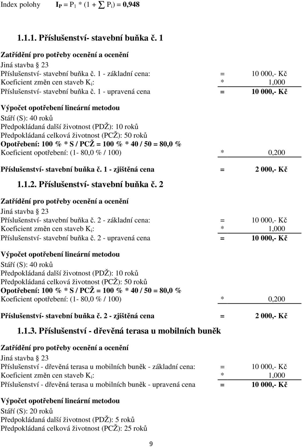 1 - upravená cena = 10 000,- Kč Výpočet opotřebení lineární metodou Stáří (S): 40 roků Předpokládaná další životnost (PDŽ): 10 roků Předpokládaná celková životnost (PCŽ): 50 roků Opotřebení: 100 % *