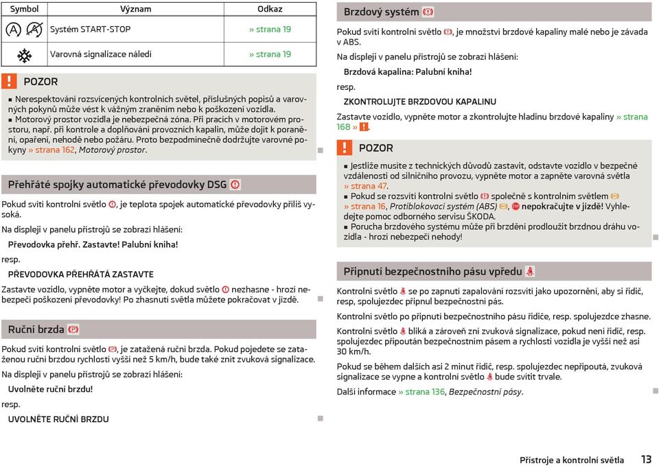 při kontrole a doplňování provozních kapalin, může dojít k poranění, opaření, nehodě nebo požáru. Proto bezpodmínečně dodržujte varovné pokyny» strana 162, Motorový prostor.