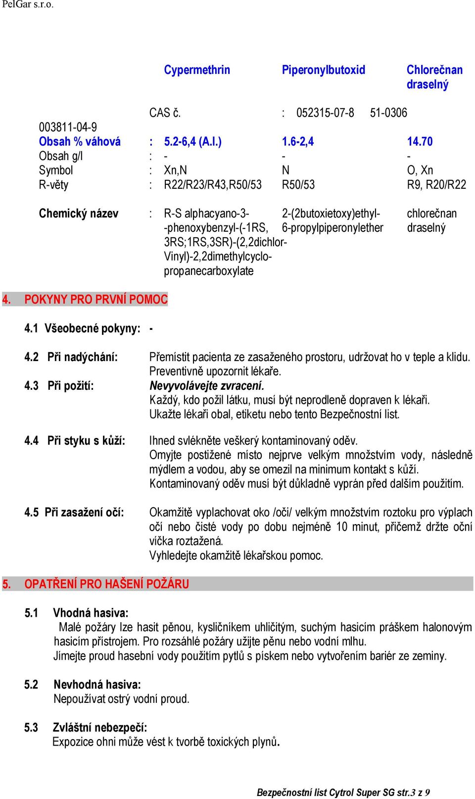 6-propylpiperonylether draselný 3RS;1RS,3SR)-(2,2dichlor- Vinyl)-2,2dimethylcyclopropanecarboxylate 4. POKYNY PRO PRVNÍ POMOC 4.1 Všeobecné pokyny: - 4.