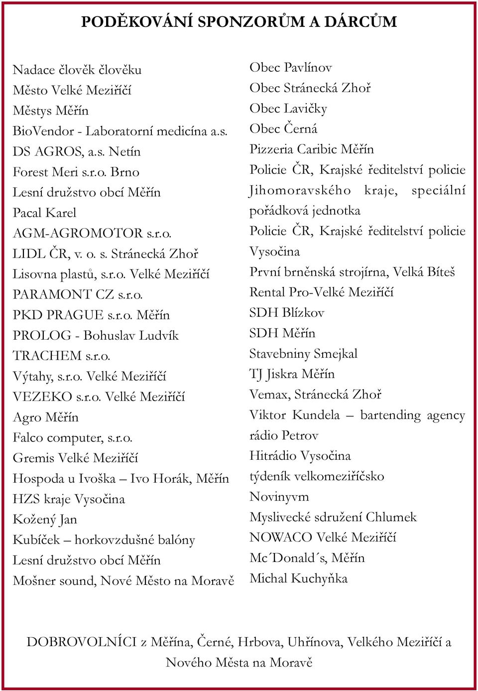 r.o. Gremis Velké Meziříčí Hospoda u Ivoška Ivo Horák, Měřín HZS kraje Vysočina Kožený Jan Kubíček horkovzdušné balóny Lesní družstvo obcí Měřín Mošner sound, Nové Město na Moravě Obec Pavlínov Obec