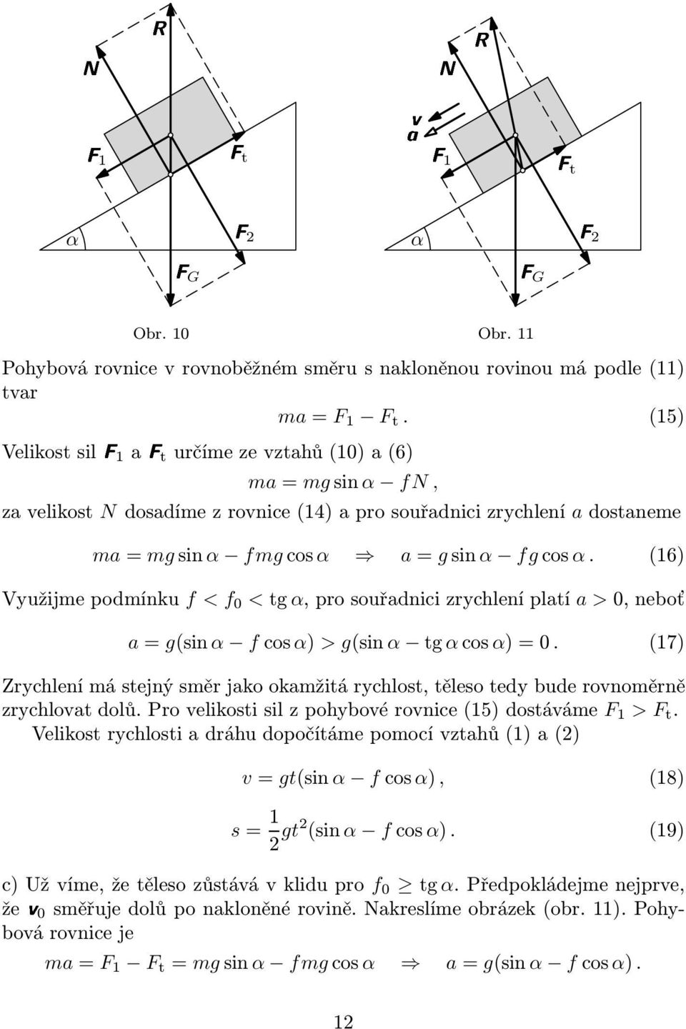 (16) Využijmepodmínku f < f 0 <tg α,prosouřadnicizrychleníplatí a >0,neboť a=g(sinα fcosα) > g(sinα tg αcosα)=0.