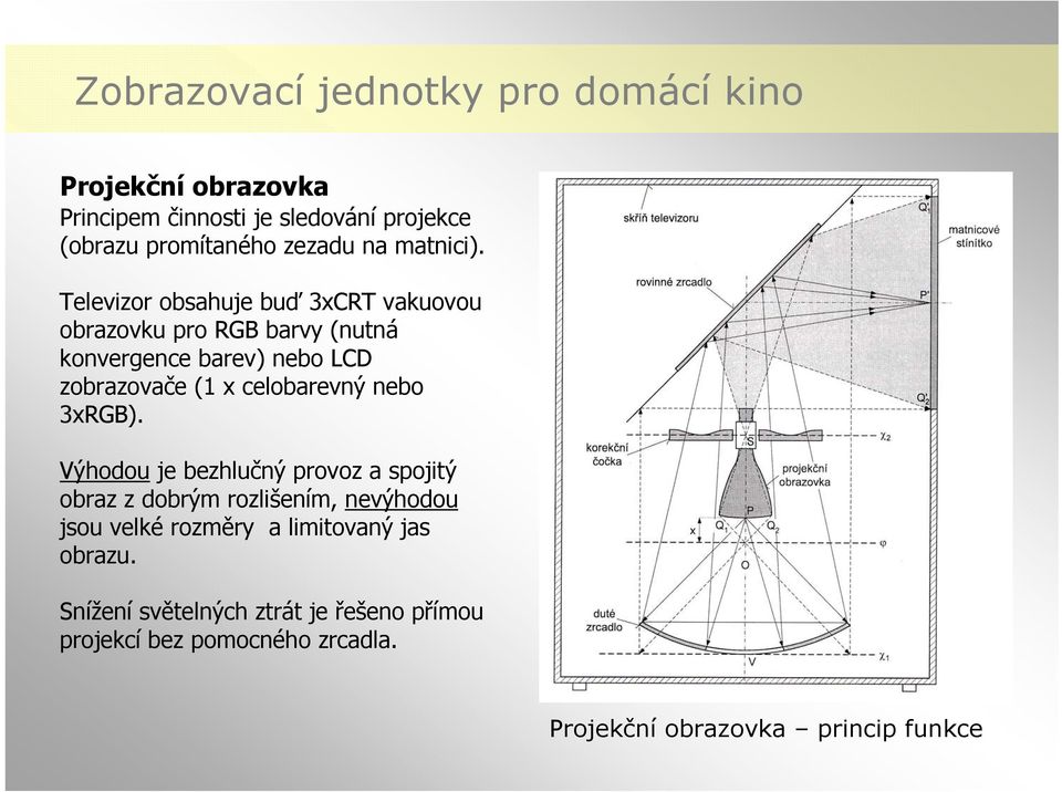 Televizor obsahuje buď 3xCRT vakuovou obrazovku pro RGB barvy (nutná konvergence barev) nebo LCD zobrazovače (1 x celobarevný