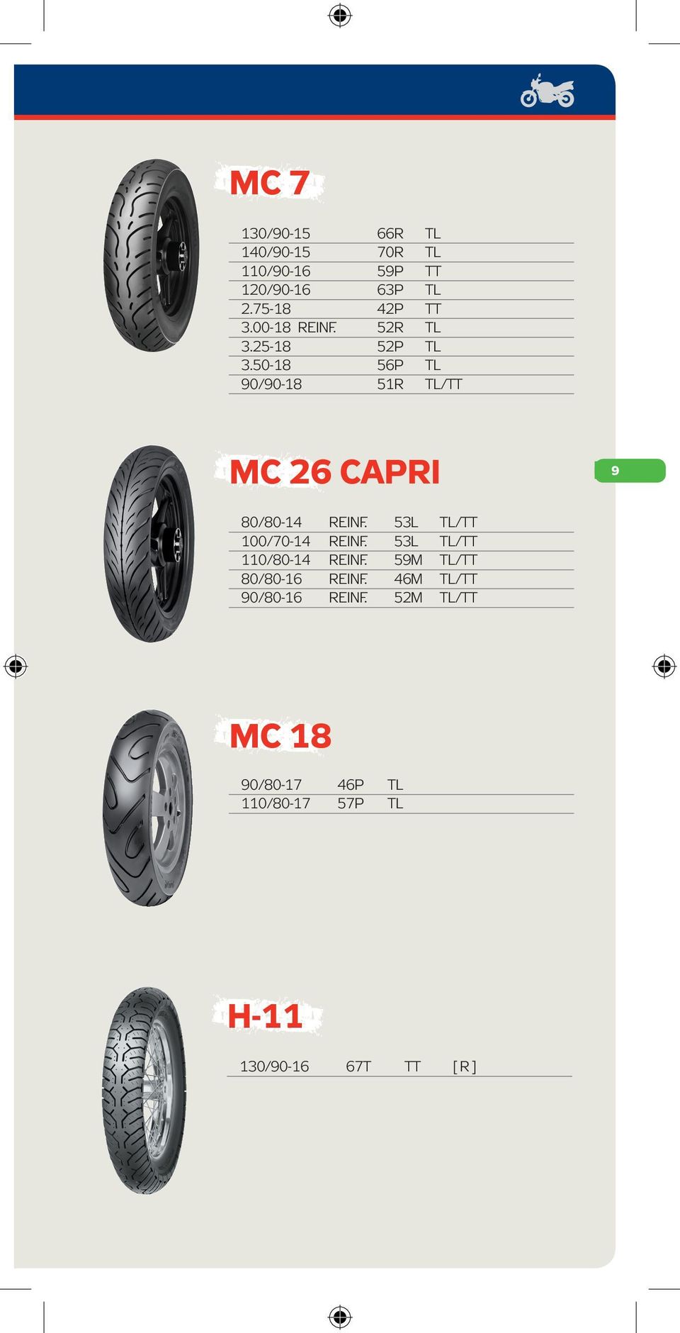 50-18 56P TL 90/90-18 51R TL/TT MC 26 CAPRI 9 80/80-14 REINF. 53L TL/TT 100/70-14 REINF.