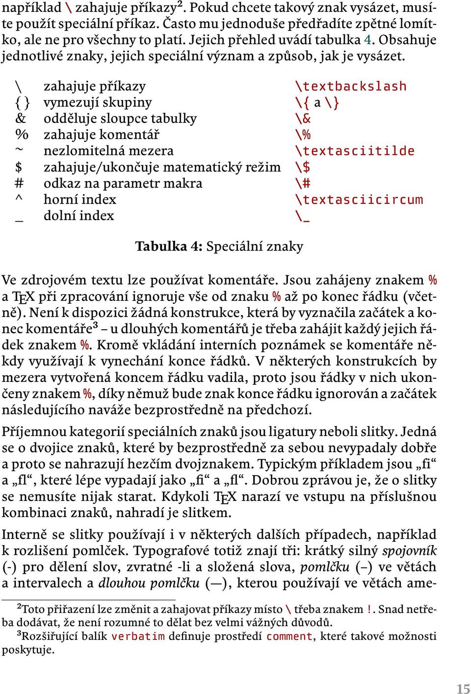 \ zahajuje příkazy \textbackslash { } vymezují skupiny \{ a \} & odděluje sloupce tabulky \& % zahajuje komentář \% ~ nezlomitelná mezera \textasciitilde $ zahajuje/ukončuje matematický režim \$ #