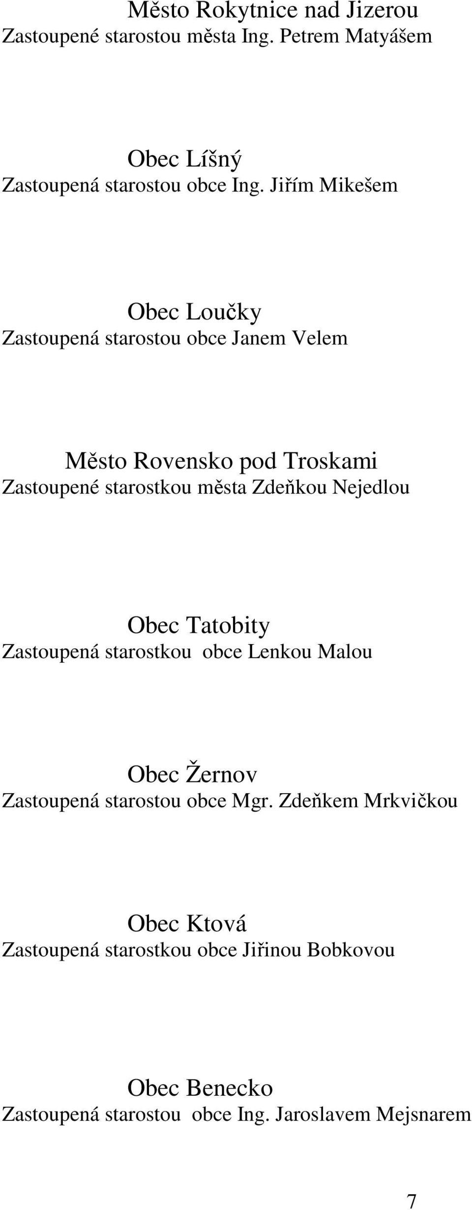 Zdeňkou Nejedlou Obec Tatobity Zastoupená starostkou obce Lenkou Malou Obec Žernov Zastoupená starostou obce Mgr.