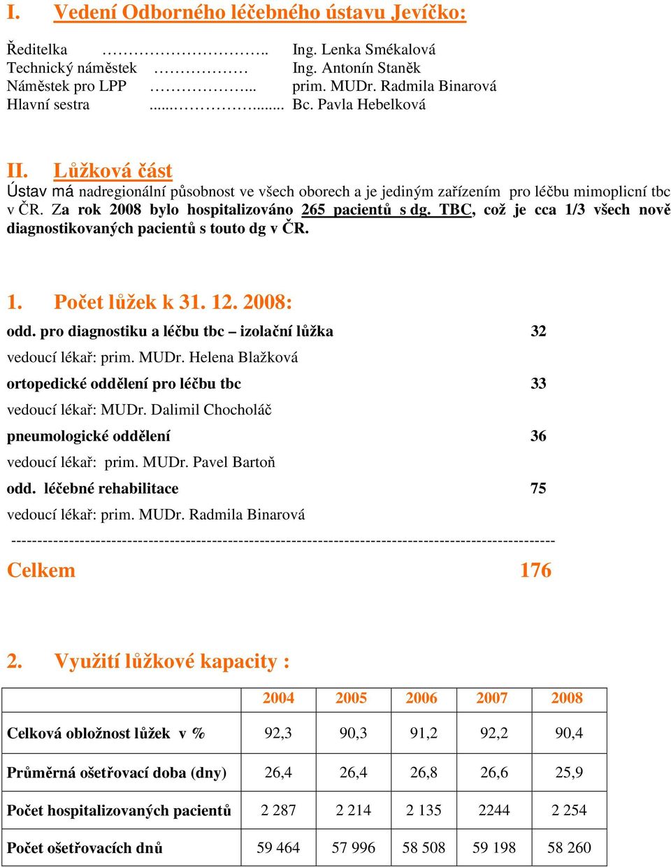 TBC, což je cca 1/3 všech nově diagnostikovaných pacientů s touto dg v ČR. 1. Počet lůžek k 31. 12. 2008: odd. pro diagnostiku a léčbu tbc izolační lůžka 32 vedoucí lékař: prim. MUDr.