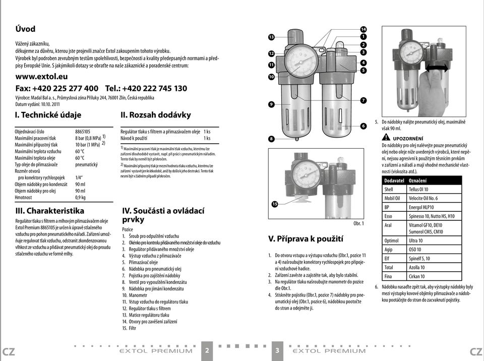 extol.eu Fax: +420 225 277 400 tel.: +420 222 745 130 Výrobce: Madal Bal a. s., Průmyslová zóna Příluky 244, 76001 Zlín, Česká republika Datum vydání: 10.10. 2011 I. technické údaje II.