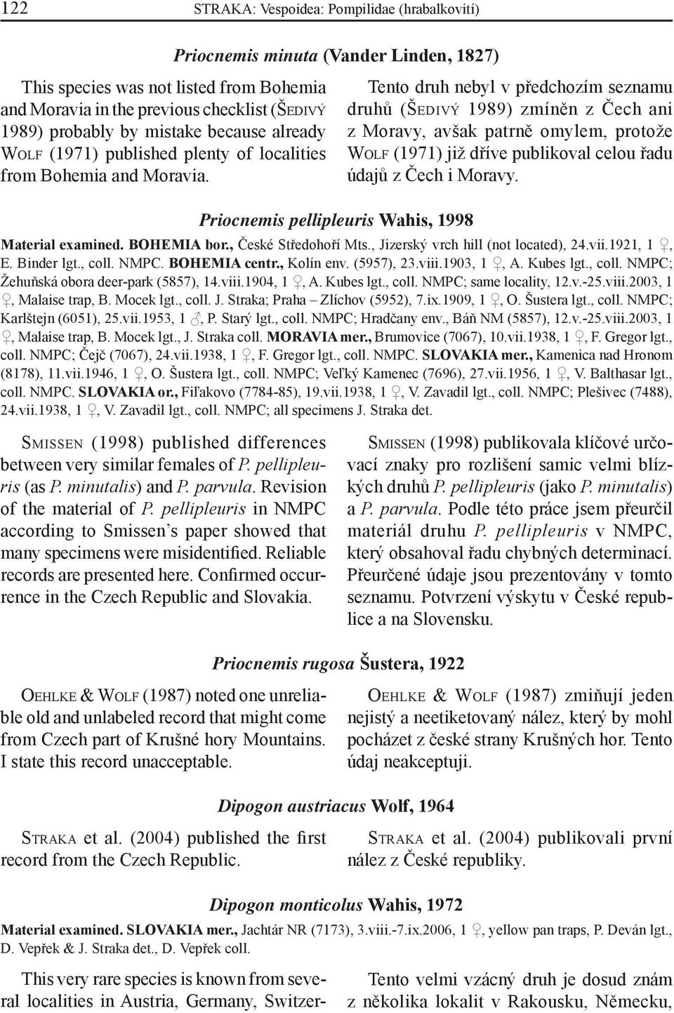 Priocnemis minuta (Vander Linden, 1827) Priocnemis pellipleuris Wahis, 1998 Tento druh nebyl v předchozím seznamu druhů (ŠEDIVÝ 1989) zmíněn z Čech ani z Moravy, avšak patrně omylem, protože WOLF