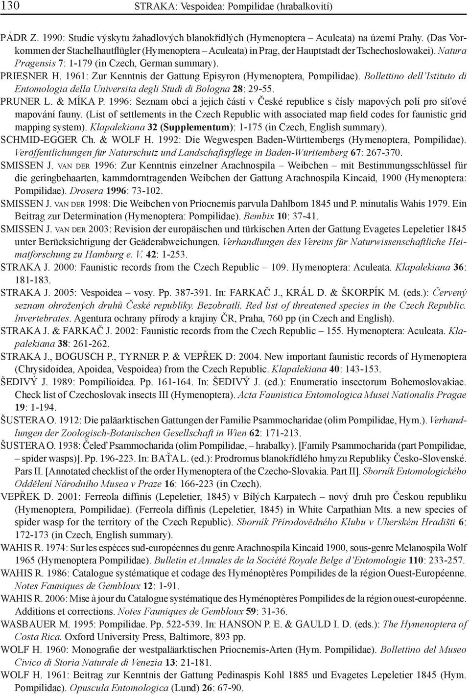 1961: Zur Kenntnis der Gattung Episyron (Hymenoptera, Pompilidae). Bollettino dell Istituto di Entomologia della Universita degli Studi di Bologna 28: 29-55. PRUNER L. & MÍKA P.