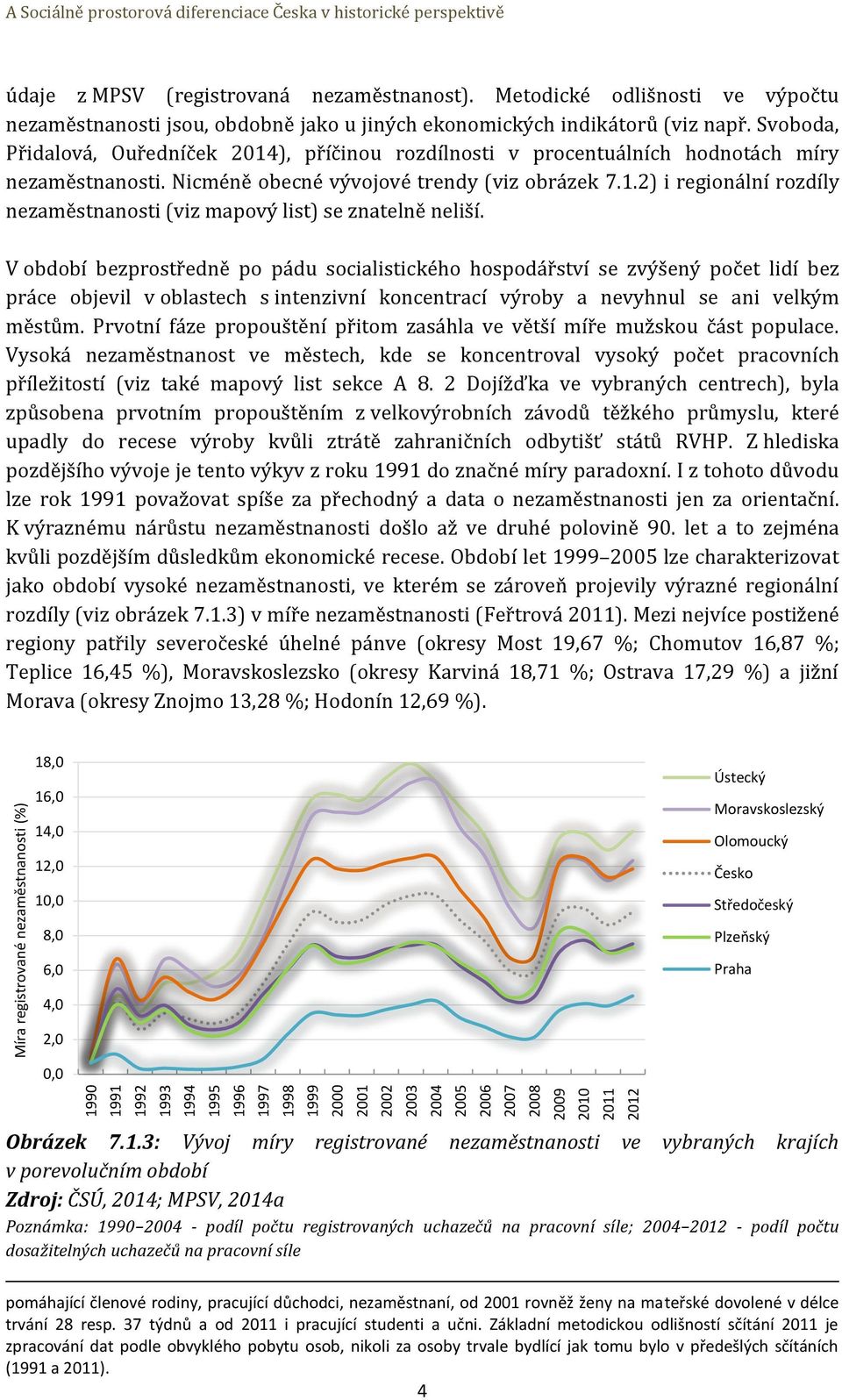 Svoboda, Přidalová, Ouředníček 2014), příčinou rozdílnosti v procentuálních hodnotách míry nezaměstnanosti. Nicméně obecné vývojové trendy (viz obrázek 7.1.2) i regionální rozdíly nezaměstnanosti (viz mapový list) se znatelně neliší.