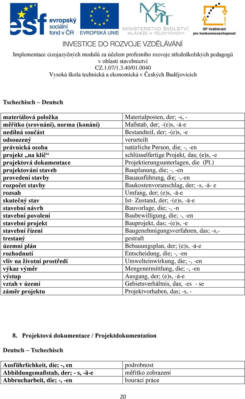 ) projektování staveb Bauplanung, die; -, -en provedení stavby Bauausführung, die; -,-en rozpočet stavby Baukostenvoranschlag, der; -s, -ä- e rozsah Umfang, der; (e)s, -ä-e skutečný stav Ist-