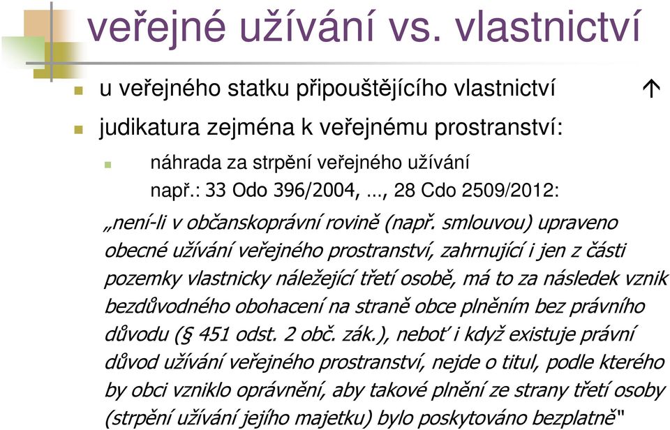 smlouvou) upraveno obecné užívání veřejného prostranství, zahrnující i jen z části pozemky vlastnicky náležející třetí osobě, má to za následek vznik bezdůvodného obohacení na