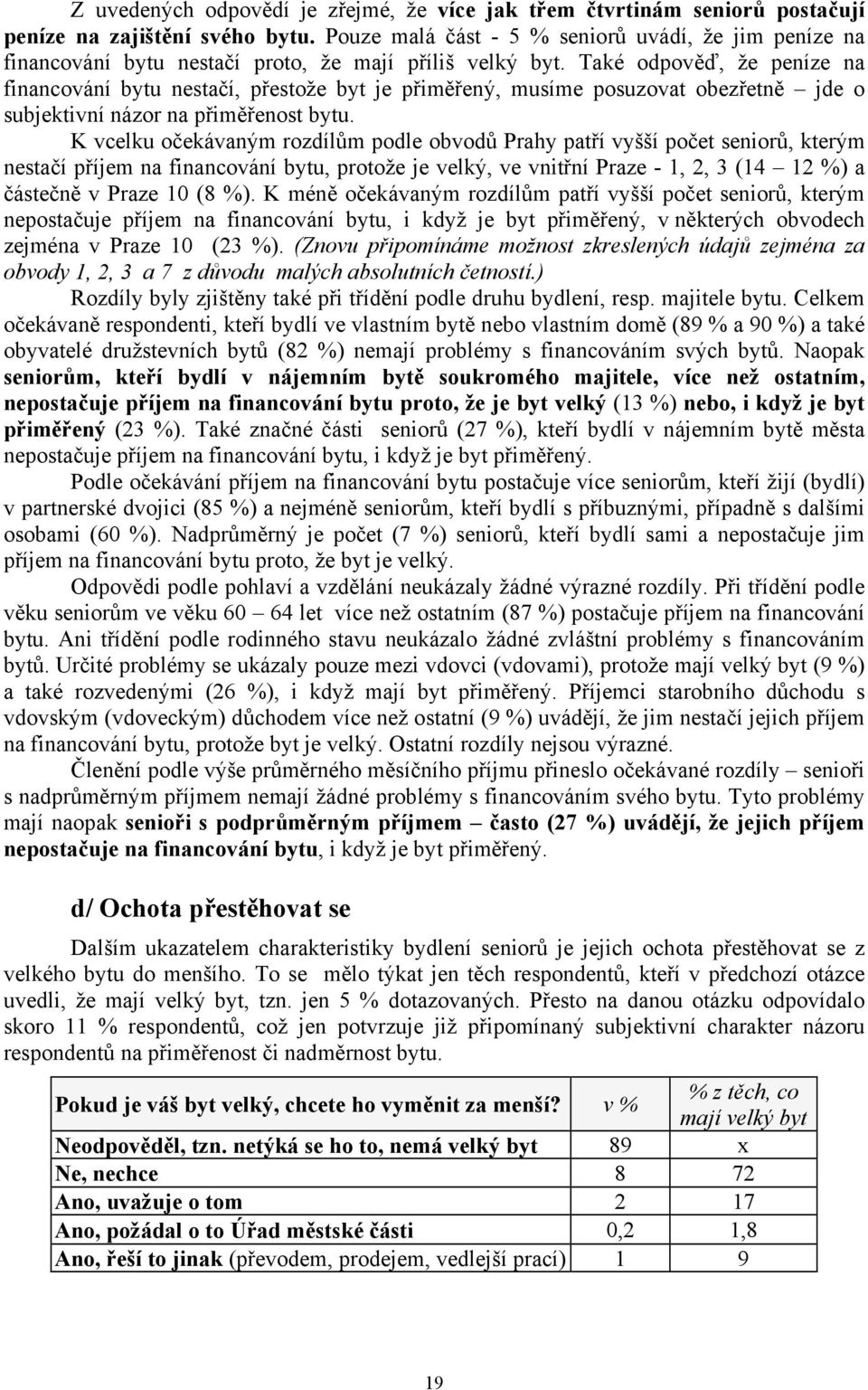 Také odpověď, že peníze na financování bytu nestačí, přestože byt je přiměřený, musíme posuzovat obezřetně jde o subjektivní názor na přiměřenost bytu.