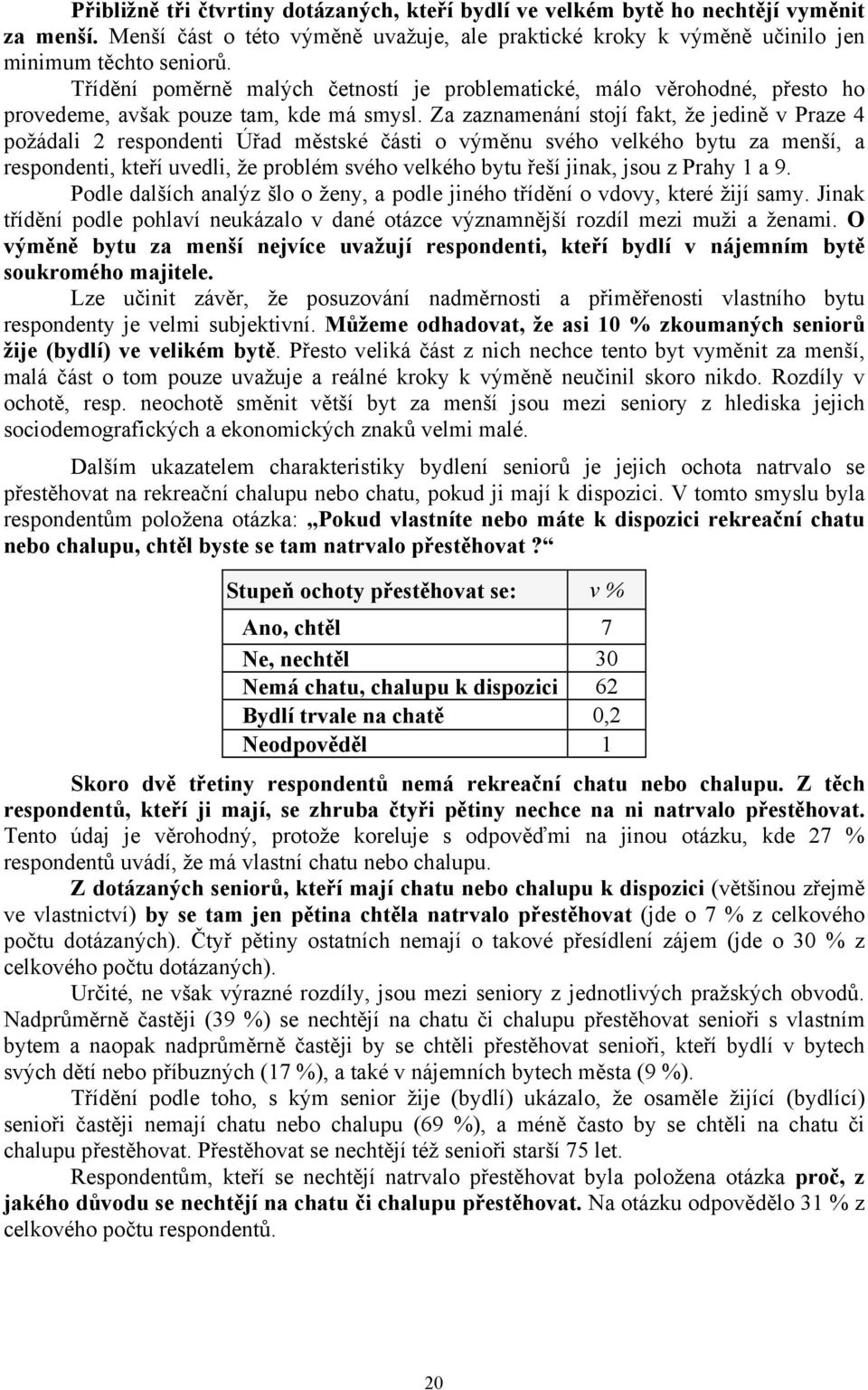 Za zaznamenání stojí fakt, že jedině v Praze 4 požádali 2 respondenti Úřad městské části o výměnu svého velkého bytu za menší, a respondenti, kteří uvedli, že problém svého velkého bytu řeší jinak,