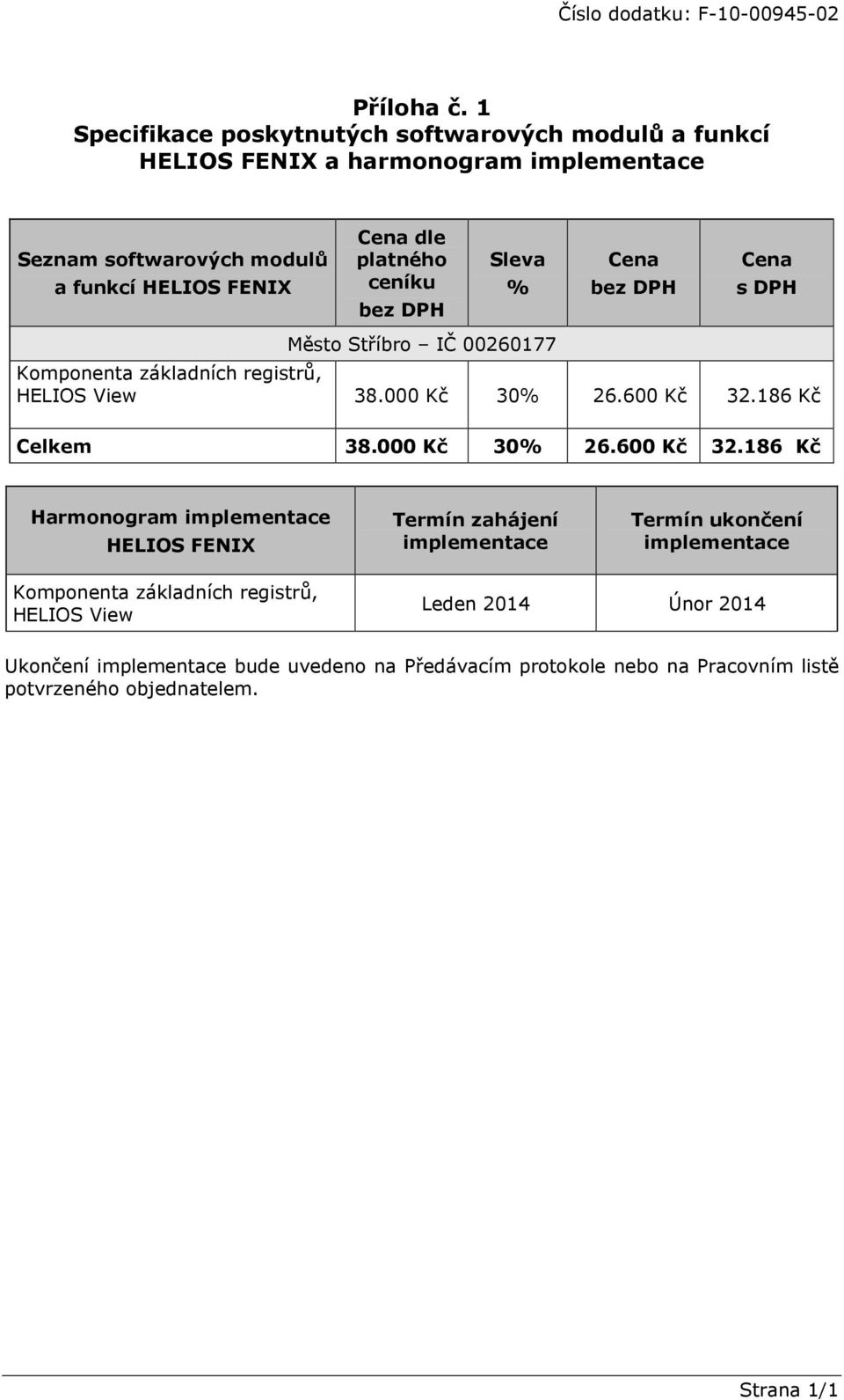 platného ceníku leva % s DPH Město tříbro IČ 00260177 Komponenta základních registrů, HELIO View 38.000 Kč 30% 26.600 Kč 32.186 Kč Celkem 38.