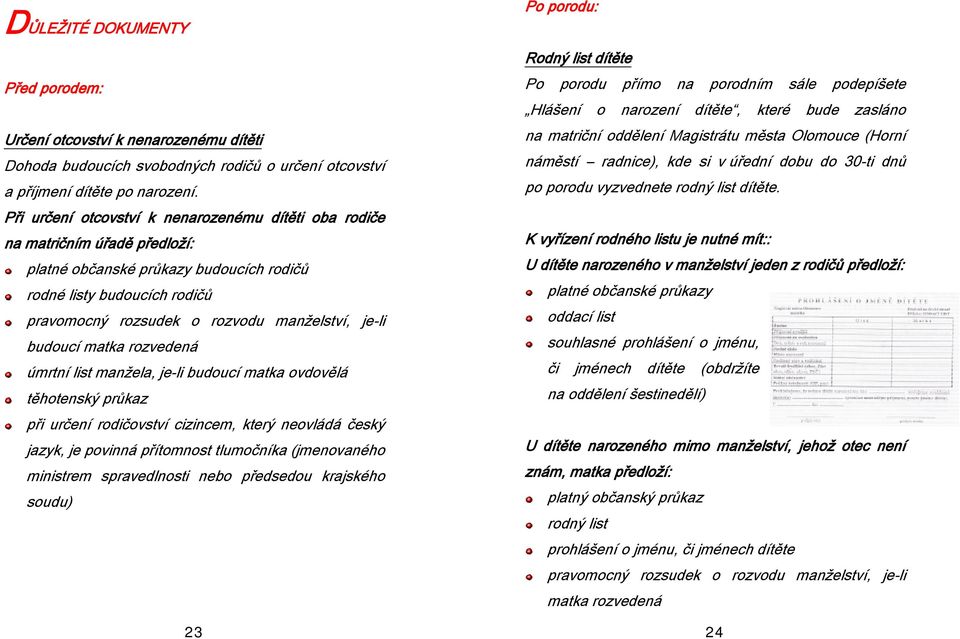 je-li budoucí matka rozvedená úmrtní list manžela, je-li budoucí matka ovdovělá těhotenský průkaz při určení rodičovství cizincem, který neovládá český jazyk, je povinná přítomnost tlumočníka