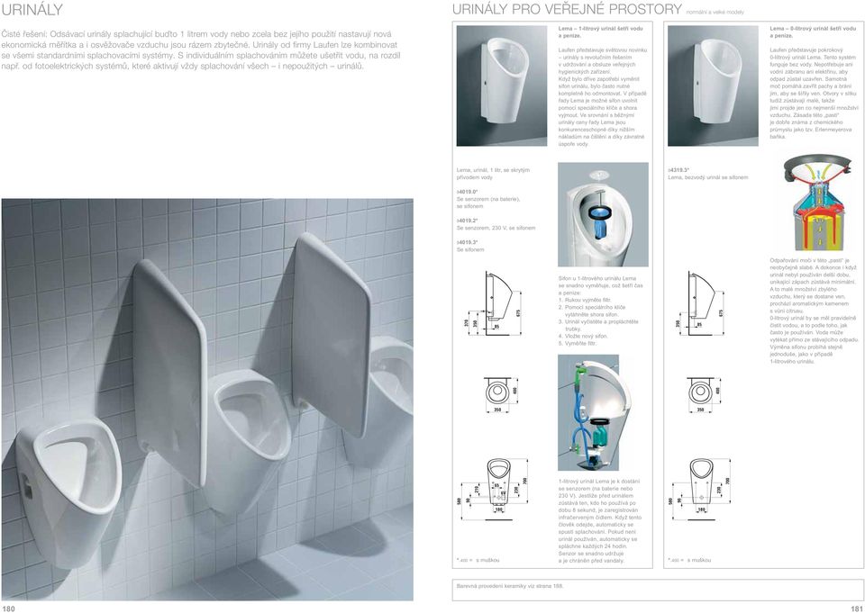 od fotoelektrických systémů, které aktivují vždy splachování všech i nepoužitých urinálů. URINÁLY PRO VEŘEJNÉ PROSTORY normální a velké modely Lema 1-litrový urinál šet í vodu a peníze.