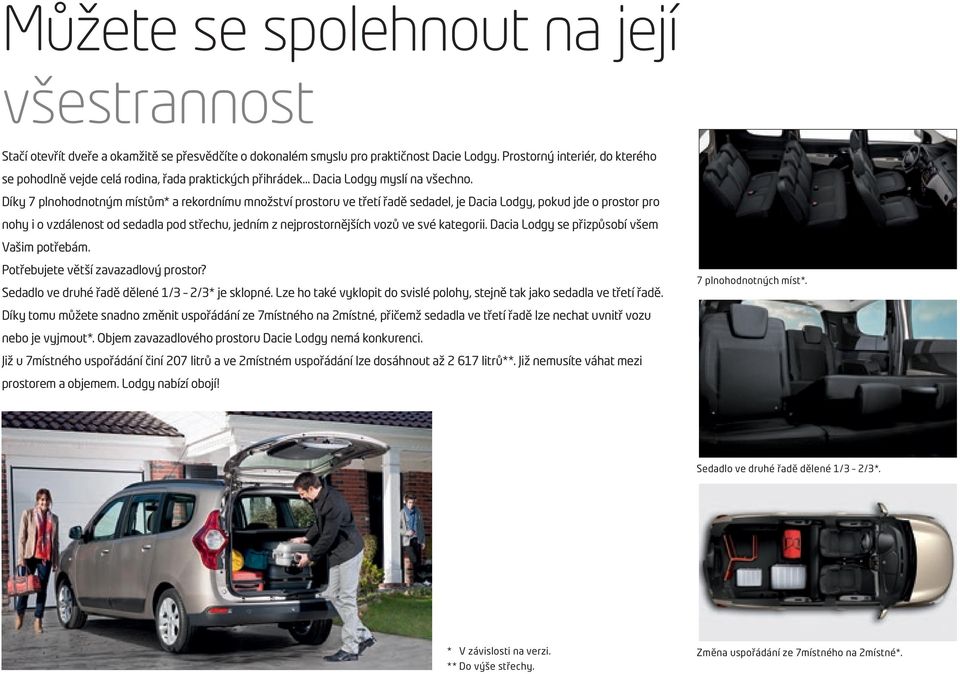 Díky 7 plnohodnotným místům* a rekordnímu množství prostoru ve třetí řadě sedadel, je Dacia Lodgy, pokud jde o prostor pro nohy i o vzdálenost od sedadla pod střechu, jedním z nejprostornějších vozů