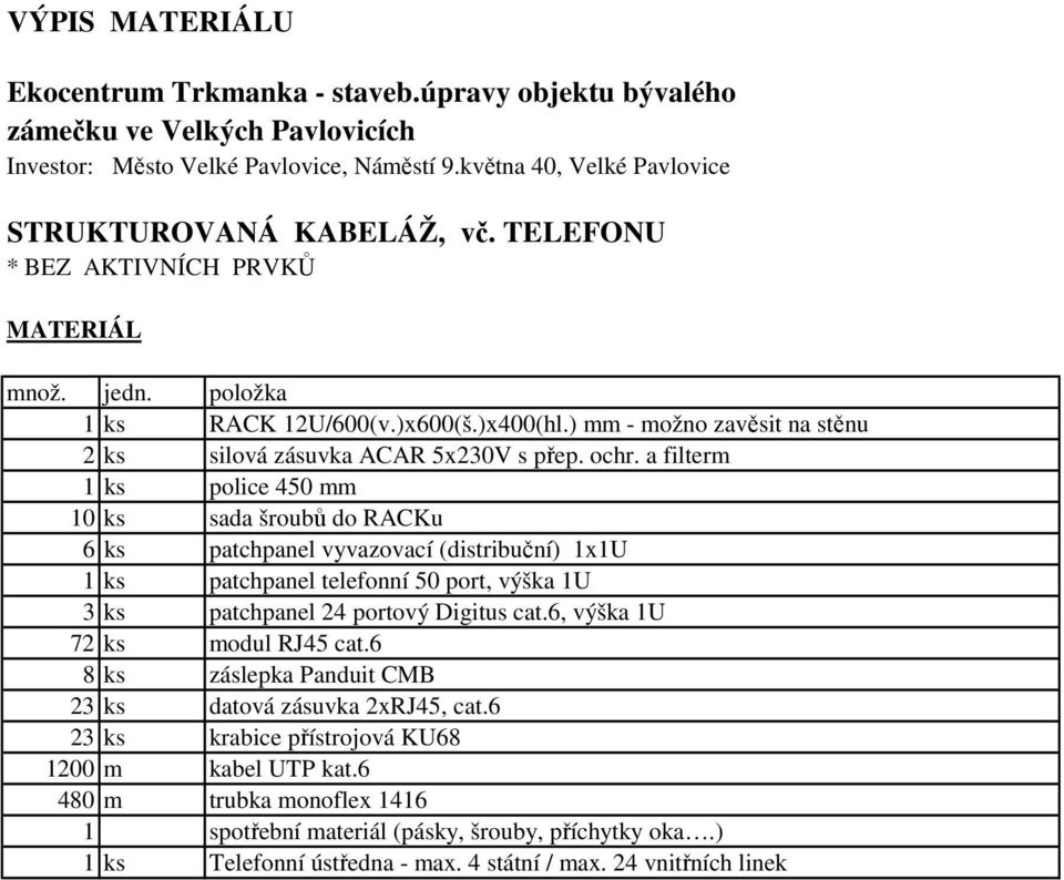 a filterm 1 ks police 450 mm 10 ks sada šroubů do RACKu 6 ks patchpanel vyvazovací (distribuční) 1x1U 1 ks patchpanel telefonní 50 port, výška 1U 3 ks patchpanel 24 portový Digitus cat.