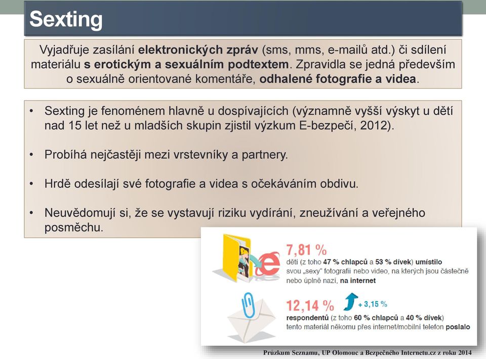 Sexting je fenoménem hlavně u dospívajících (významně vyšší výskyt u dětí nad 15 let než u mladších skupin zjistil výzkum E-bezpečí, 2012).