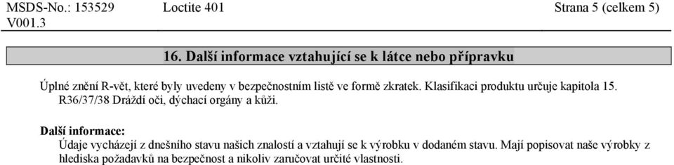 formě zkratek. Klasifikaci produktu určuje kapitola 15. R36/37/38 Dráždí oči, dýchací orgány a kůži.