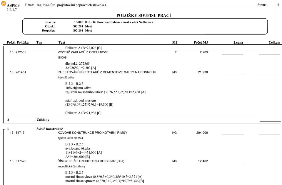 zdi pod mostem (13,0*6,0*1,25)*2*0,1=19,500[B] Celkem:A+B=21,938[C] 2 Základy 3 Svislé konstrukce 17 31717 KOVOVÉ KONSTRUKCE PRO KOTVENÍ ŘÍMSY KG 204,000 typová kotva dle VL4 uvažováno6kg/ks