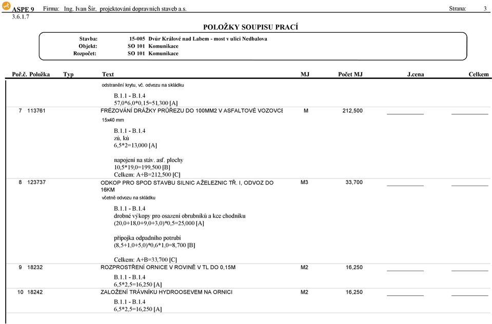 plochy 10,5*19,0=199,500[B] Celkem:A+B=212,500[C] 8 123737 ODKOP PRO SPOD STAVBU SILNIC AŽELEZNIC TŘ.