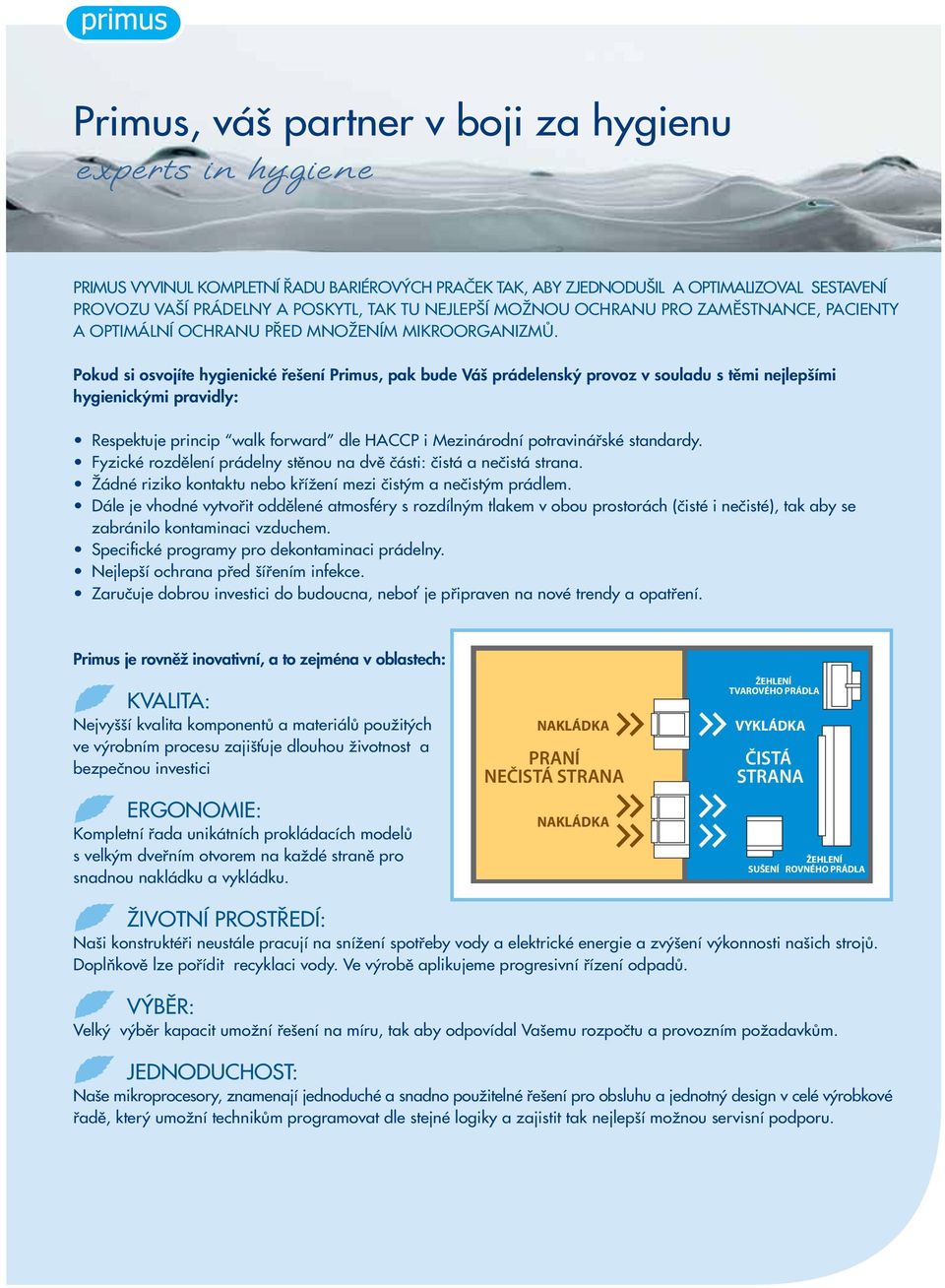 Pokud si osvojíte hygienické řešení Primus, pak bude Váš prádelenský provoz v souladu s těmi nejlepšími hygienickými pravidly: Respektuje princip walk forward dle HACCP i Mezinárodní potravinářské