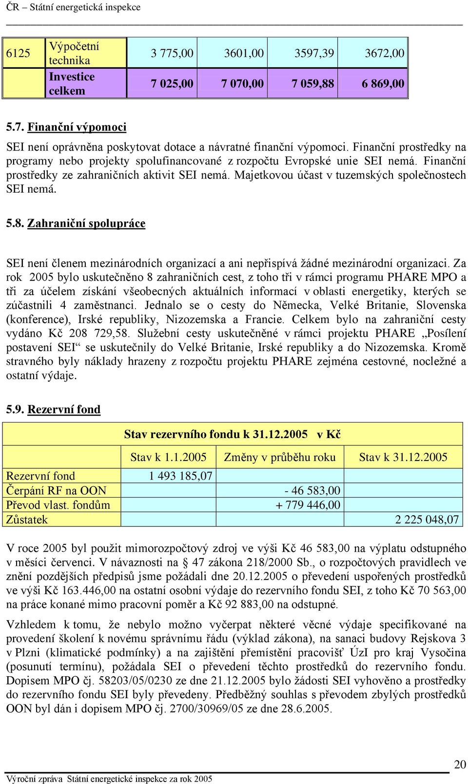 Majetkovou účast v tuzemských společnostech SEI nemá. 5.8. Zahraniční spolupráce SEI není členem mezinárodních organizací a ani nepřispívá žádné mezinárodní organizaci.