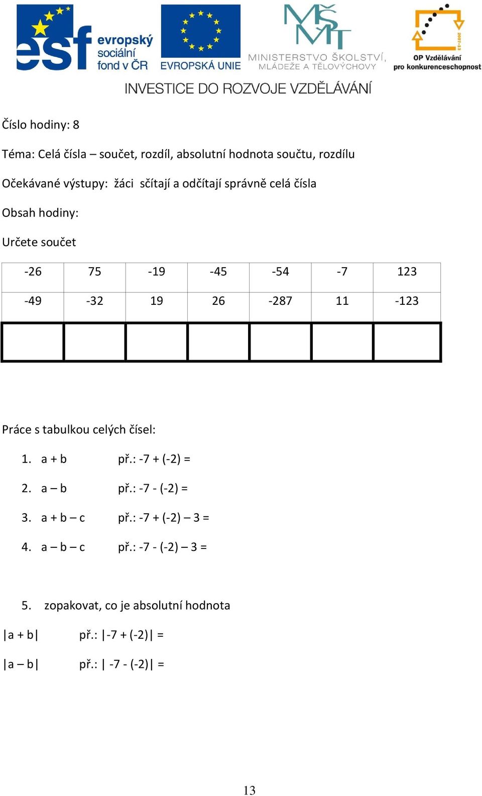 11-123 Práce s tabulkou celých čísel: 1. a + b př.: -7 + (-2) = 2. a b př.: -7 - (-2) = 3. a + b c př.