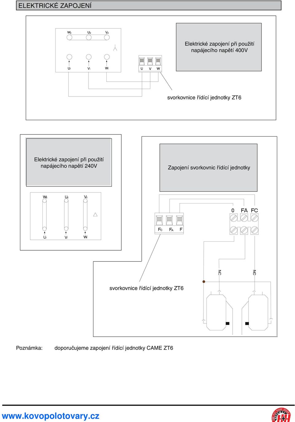napájecího napětí 240V Zapojení svorkovnic řídící jednotky svorkovnice